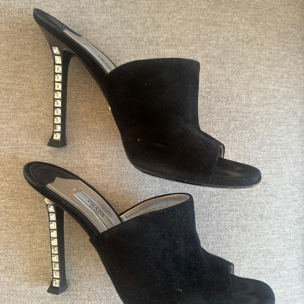 Prada Black Suede Crystal Embellishments Mules/ Slides/ Heels/ Sandals - Picture 6 of 7